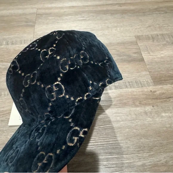 Gucci Double GG Logo Sapphire Blue Gold Velvet Baseball Cap Hat - Picture 6 of 14